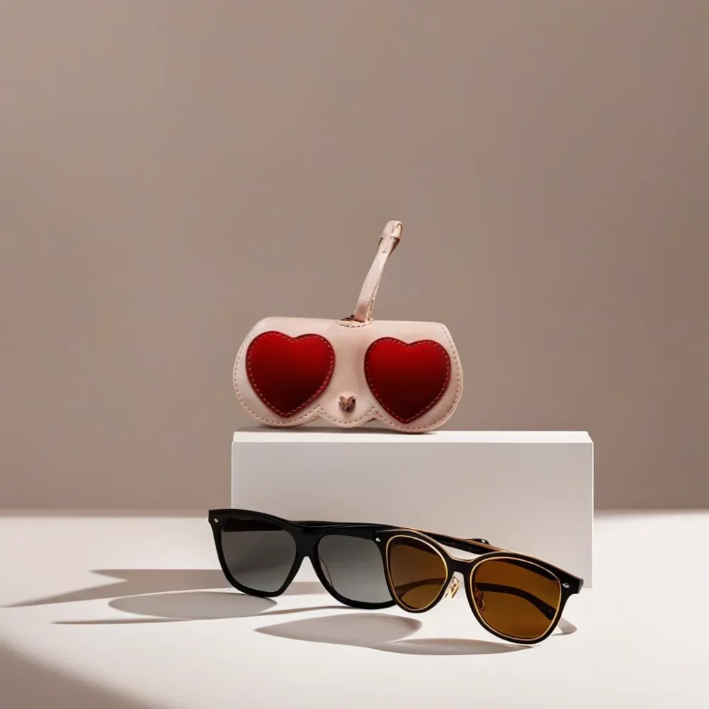 Sunglass cover named Venezia. It has two hearts where lenses are located.